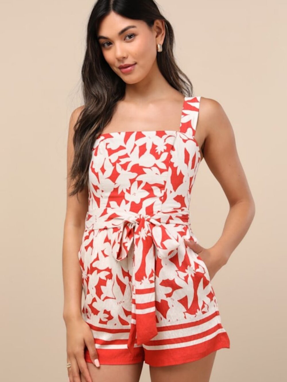 Lulus Maite Red Floral Belted Sleeveless Romper - Size XL